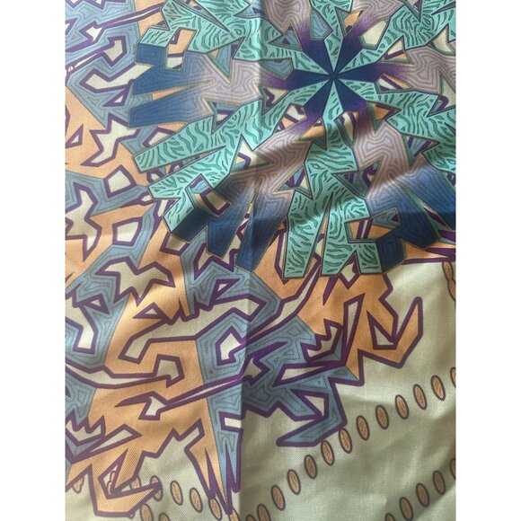 Silk Scarf With Geometric Snowflake Design Blue Multicolor Rolled Edge - Picture 2 of 4